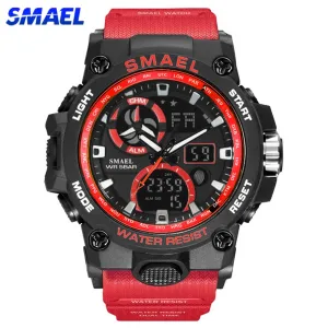 SMAEL Sport Watch Men LED Digital Quartz Red Watches Waterproof  Stopwatch Big Dial Clock For Male Dual Time Display Watches Man