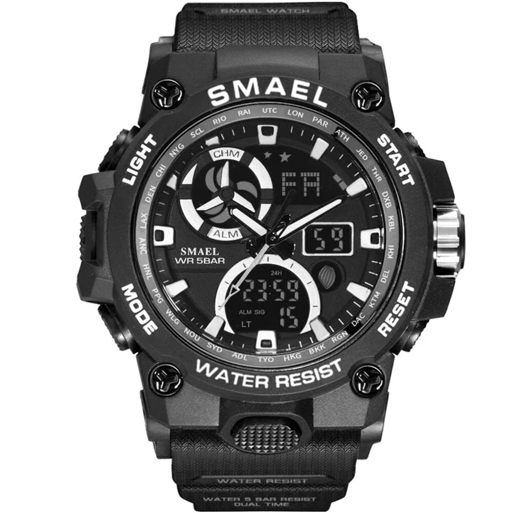 SMAEL Sport Watch Men LED Digital Quartz Red Watches Waterproof  Stopwatch Big Dial Clock For Male Dual Time Display Watches Man