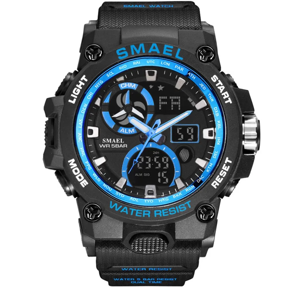 SMAEL Sport Watch Men LED Digital Quartz Red Watches Waterproof  Stopwatch Big Dial Clock For Male Dual Time Display Watches Man