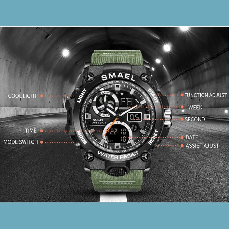 SMAEL Sport Watch Men LED Digital Quartz Red Watches Waterproof  Stopwatch Big Dial Clock For Male Dual Time Display Watches Man