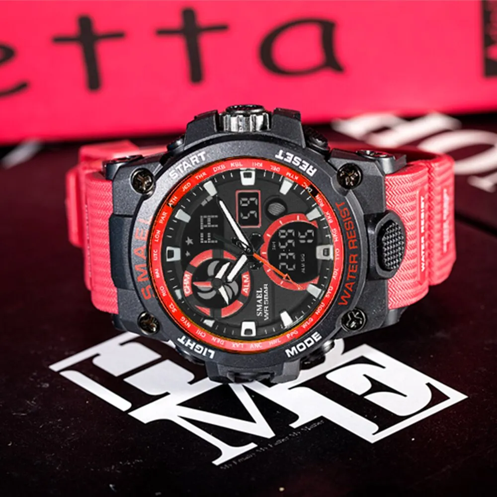 SMAEL Sport Watch Men LED Digital Quartz Red Watches Waterproof  Stopwatch Big Dial Clock For Male Dual Time Display Watches Man