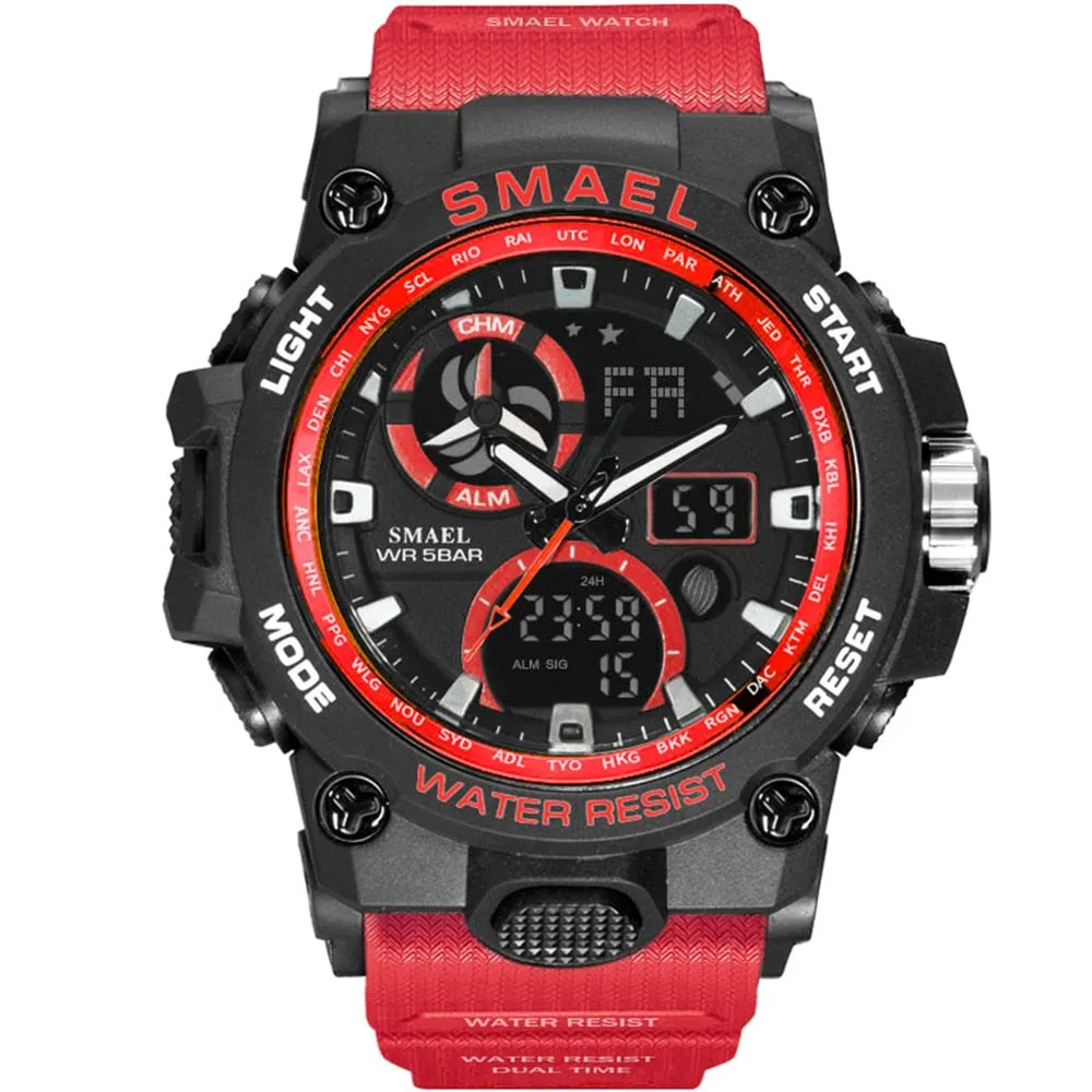 SMAEL Sport Watch Men LED Digital Quartz Red Watches Waterproof  Stopwatch Big Dial Clock For Male Dual Time Display Watches Man