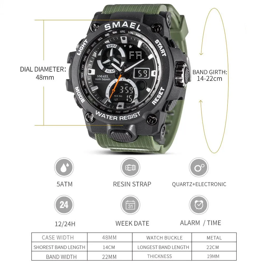 SMAEL Sport Watch Men LED Digital Quartz Red Watches Waterproof  Stopwatch Big Dial Clock For Male Dual Time Display Watches Man