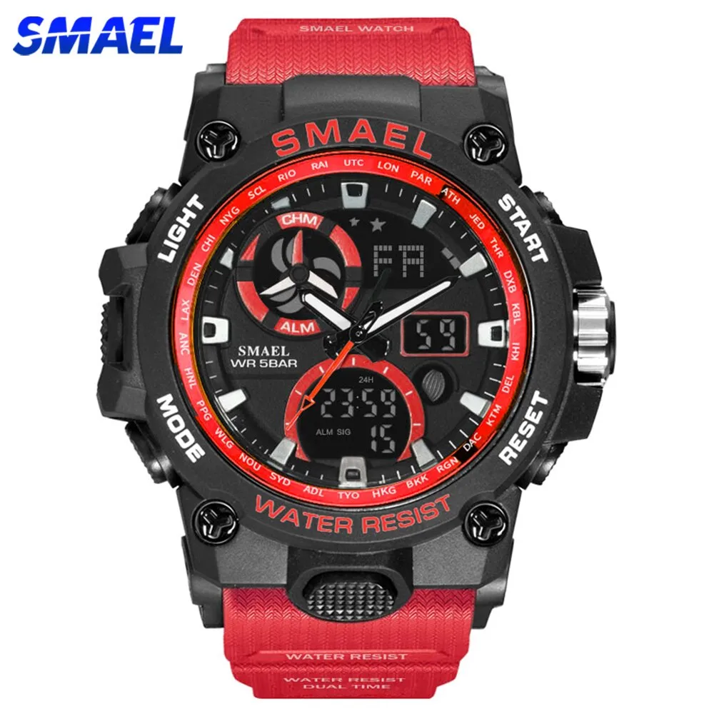 SMAEL Sport Watch Men LED Digital Quartz Red Watches Waterproof  Stopwatch Big Dial Clock For Male Dual Time Display Watches Man