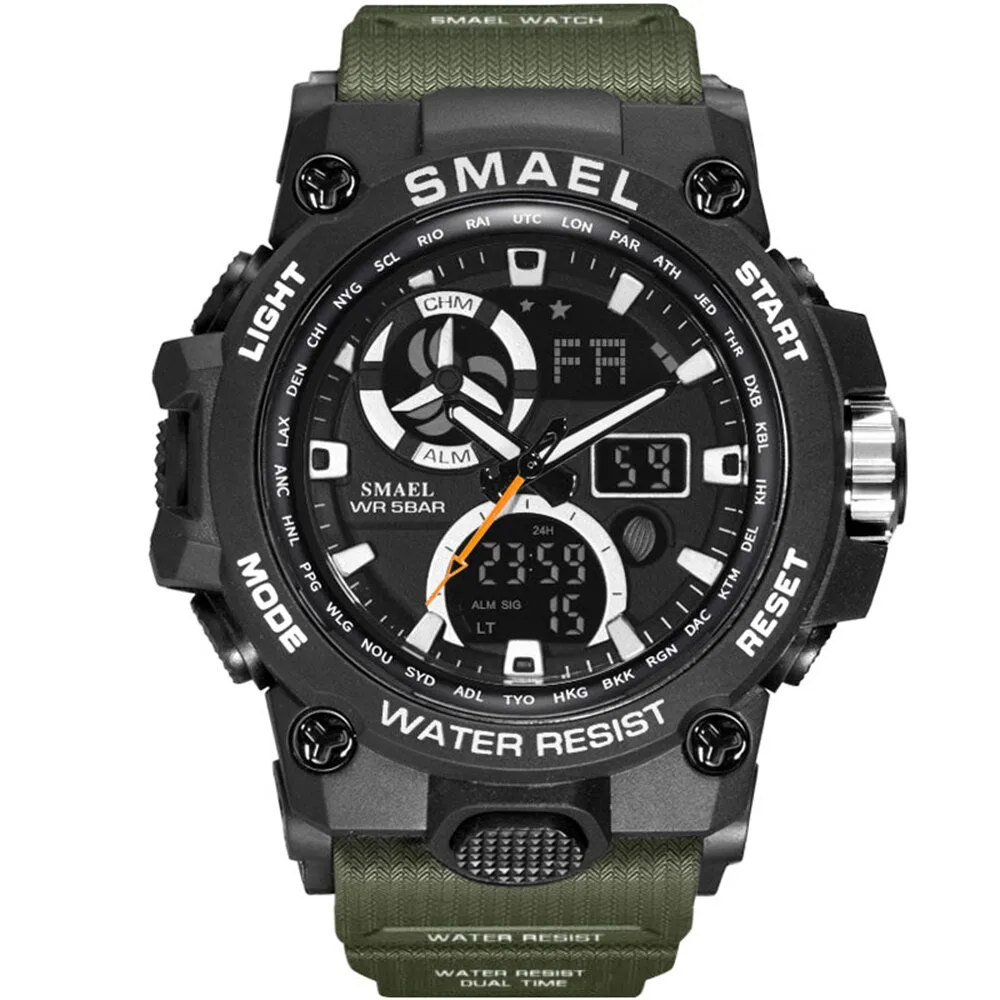SMAEL Sport Watch Men LED Digital Quartz Red Watches Waterproof  Stopwatch Big Dial Clock For Male Dual Time Display Watches Man