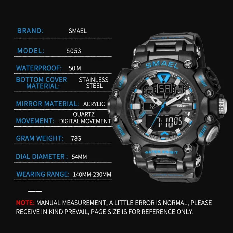 SMAEL Sports Watch Men Digital Quartz Double Display Watches  Youth Military Mens Waterproof Stopwatch Clock Male Outdoo Hour