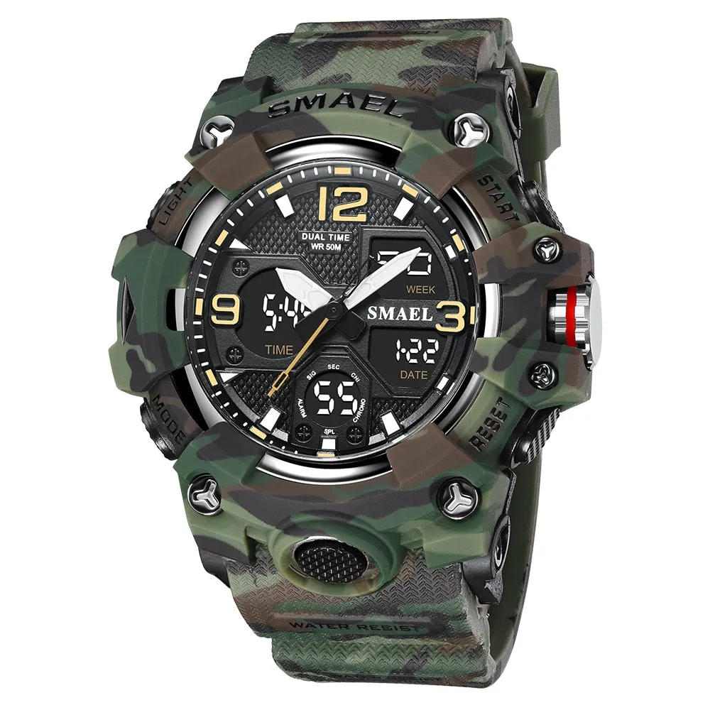 SMAEL Watch For Men Alarm Sport Stopwatch Camouflage Army Military Wristwatch Dual Time Display Digital Quartz Mens Watches 8008