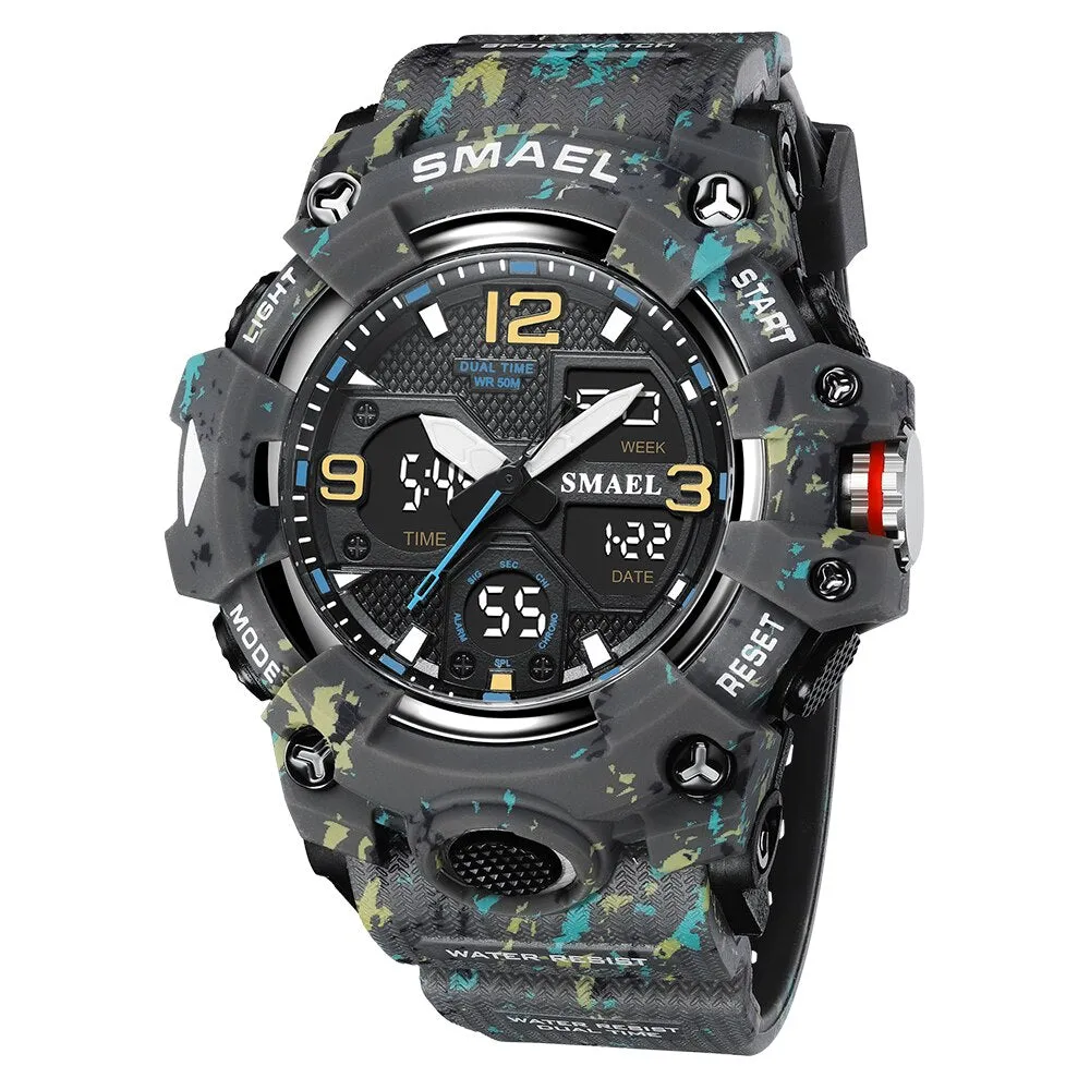 SMAEL Watch For Men Alarm Sport Stopwatch Camouflage Army Military Wristwatch Dual Time Display Digital Quartz Mens Watches 8008