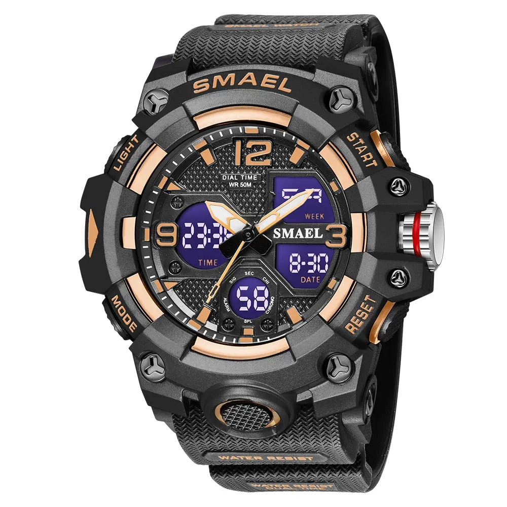 SMAEL Watch For Men Alarm Sport Stopwatch Camouflage Army Military Wristwatch Dual Time Display Digital Quartz Mens Watches 8008