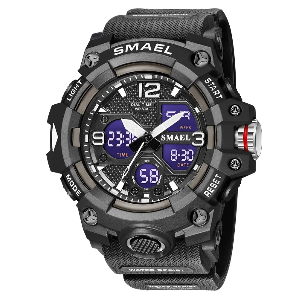 SMAEL Watch For Men Alarm Sport Stopwatch Camouflage Army Military Wristwatch Dual Time Display Digital Quartz Mens Watches 8008