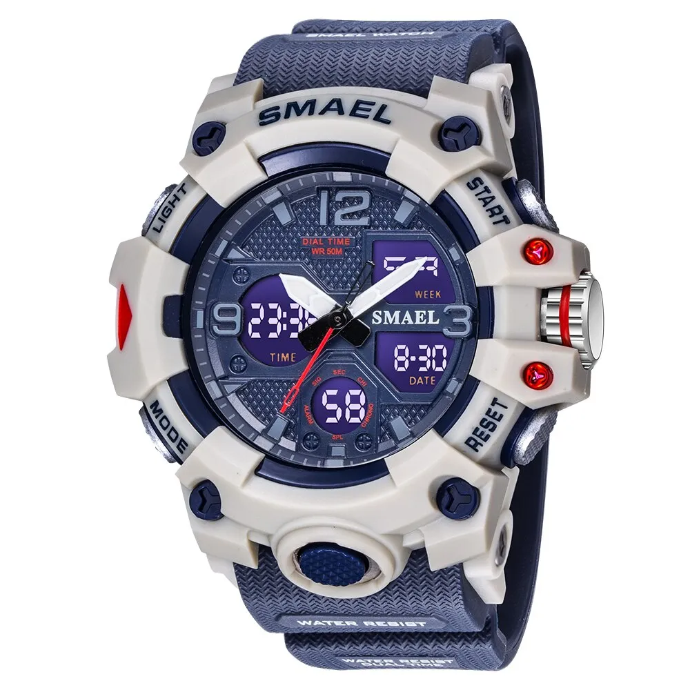 SMAEL Watch For Men Alarm Sport Stopwatch Camouflage Army Military Wristwatch Dual Time Display Digital Quartz Mens Watches 8008