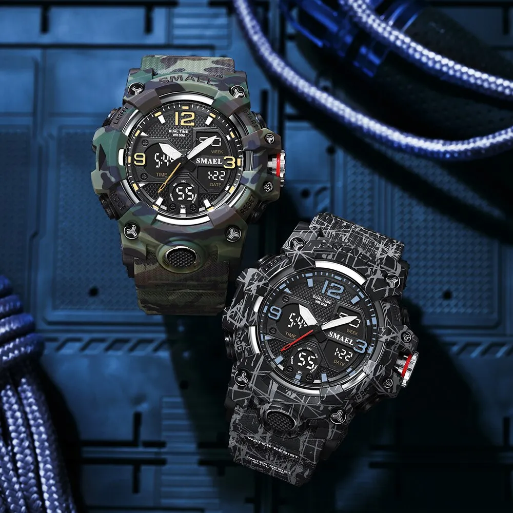 SMAEL Watch For Men Alarm Sport Stopwatch Camouflage Army Military Wristwatch Dual Time Display Digital Quartz Mens Watches 8008