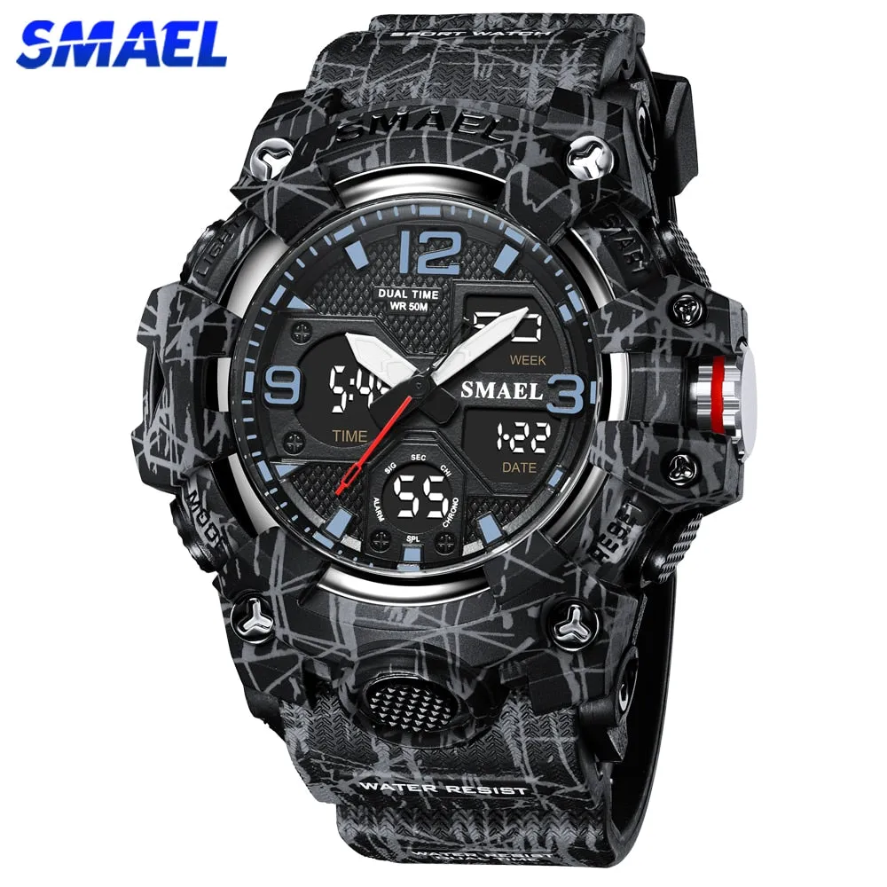 SMAEL Watch For Men Alarm Sport Stopwatch Camouflage Army Military Wristwatch Dual Time Display Digital Quartz Mens Watches 8008