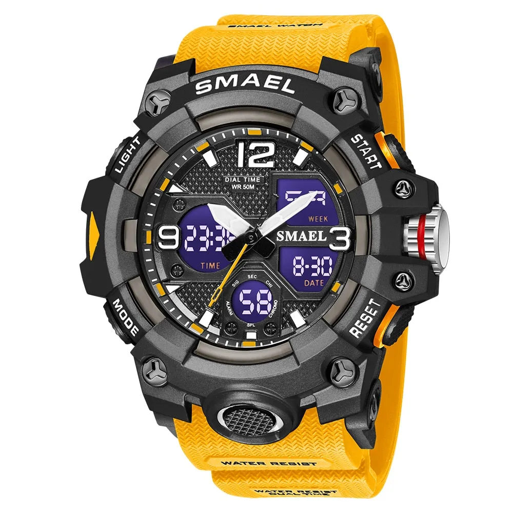 SMAEL Watch For Men Alarm Sport Stopwatch Camouflage Army Military Wristwatch Dual Time Display Digital Quartz Mens Watches 8008