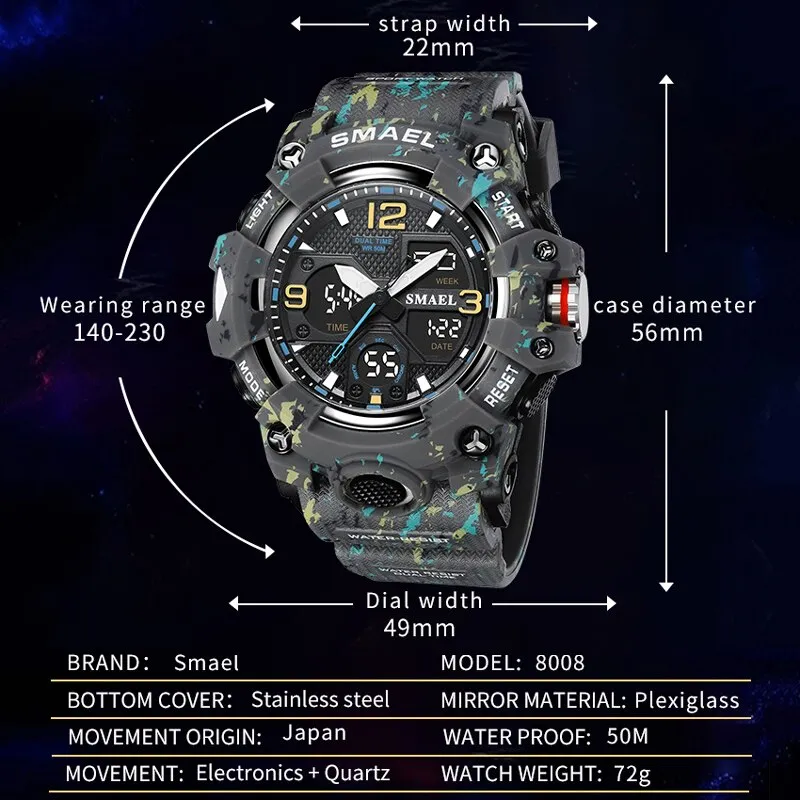 SMAEL Watch For Men Alarm Sport Stopwatch Camouflage Army Military Wristwatch Dual Time Display Digital Quartz Mens Watches 8008