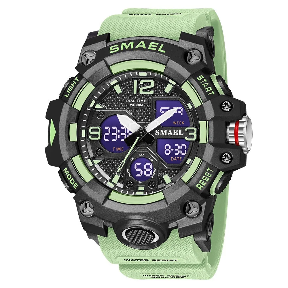 SMAEL Watch For Men Alarm Sport Stopwatch Camouflage Army Military Wristwatch Dual Time Display Digital Quartz Mens Watches 8008