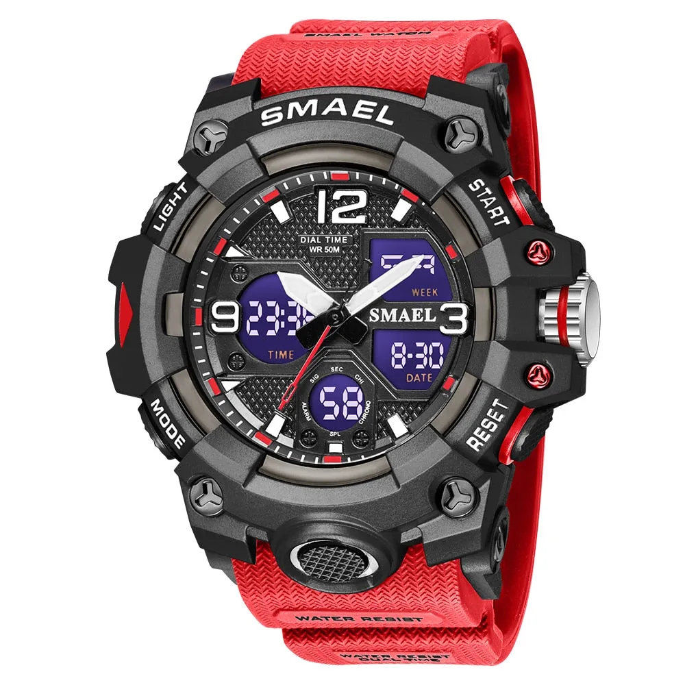 SMAEL Watch For Men Alarm Sport Stopwatch Camouflage Army Military Wristwatch Dual Time Display Digital Quartz Mens Watches 8008