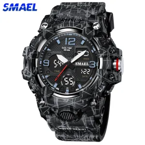 SMAEL Watch For Men Alarm Sport Stopwatch Camouflage Army Military Wristwatch Dual Time Display Digital Quartz Mens Watches 8008
