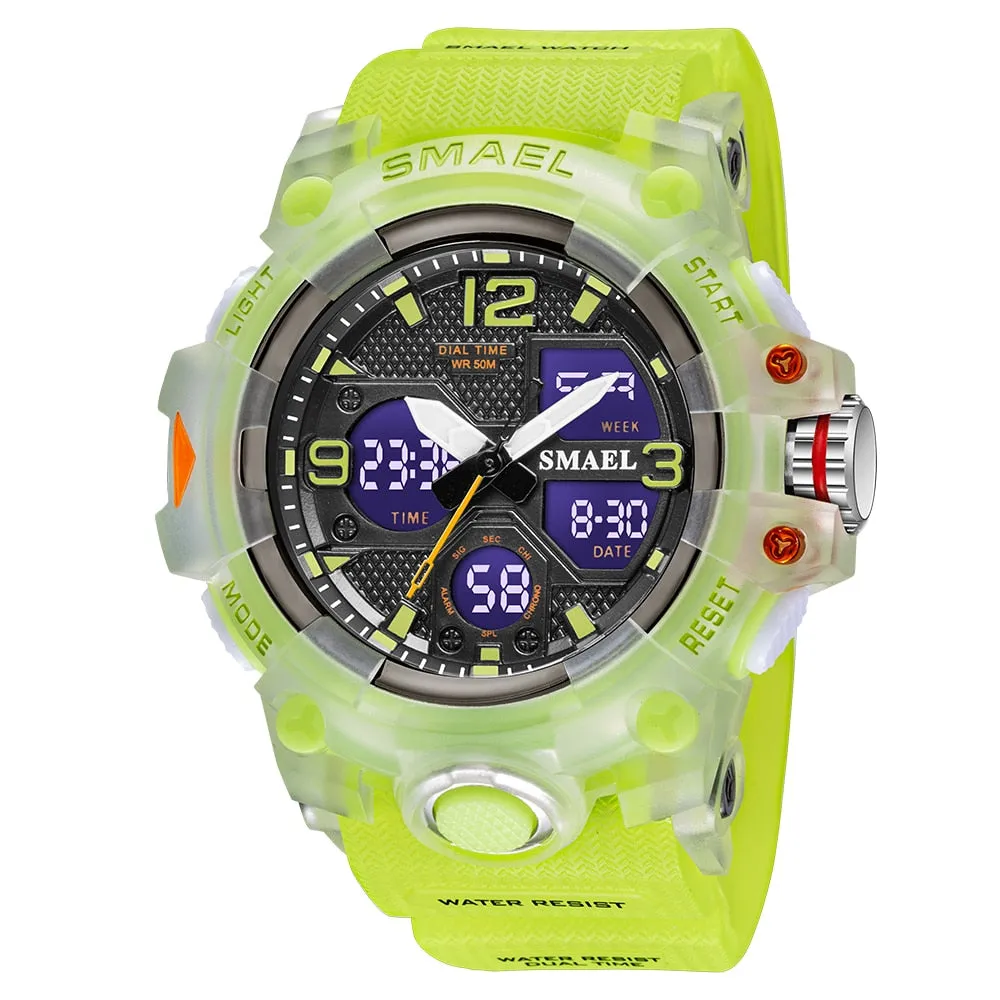 SMAEL Watch For Men Alarm Sport Stopwatch Camouflage Army Military Wristwatch Dual Time Display Digital Quartz Mens Watches 8008