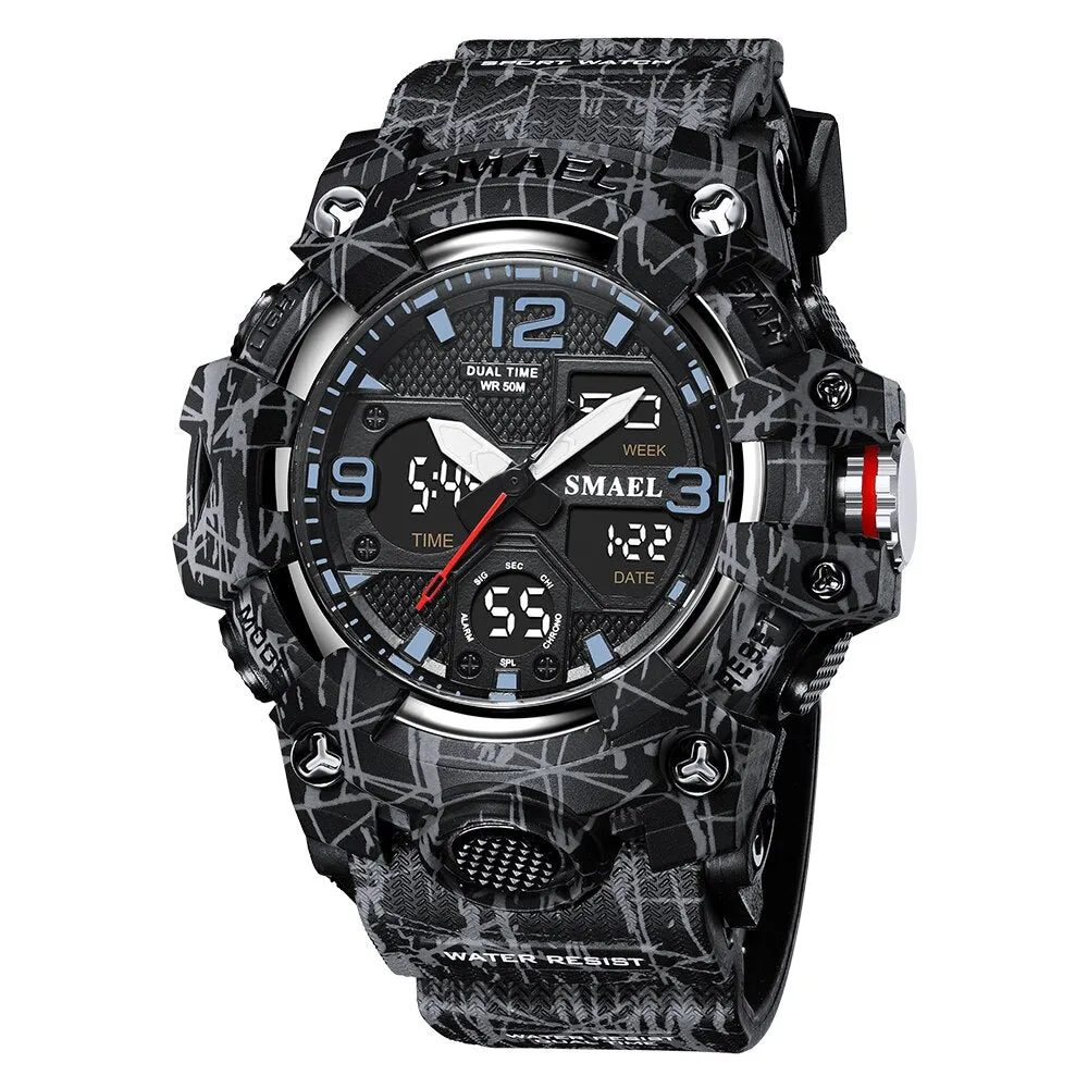 SMAEL Watch For Men Alarm Sport Stopwatch Camouflage Army Military Wristwatch Dual Time Display Digital Quartz Mens Watches 8008
