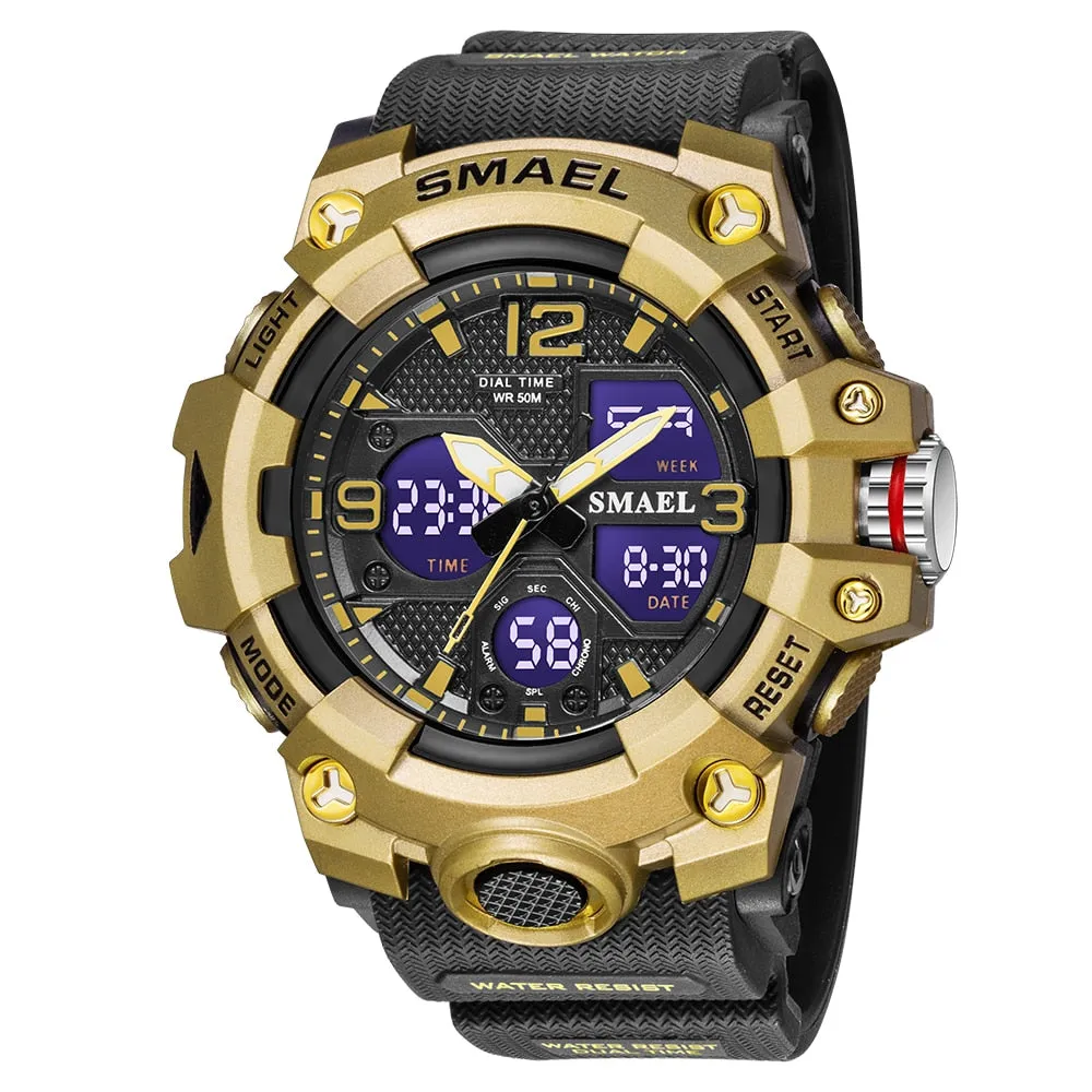 SMAEL Watch For Men Alarm Sport Stopwatch Camouflage Army Military Wristwatch Dual Time Display Digital Quartz Mens Watches 8008