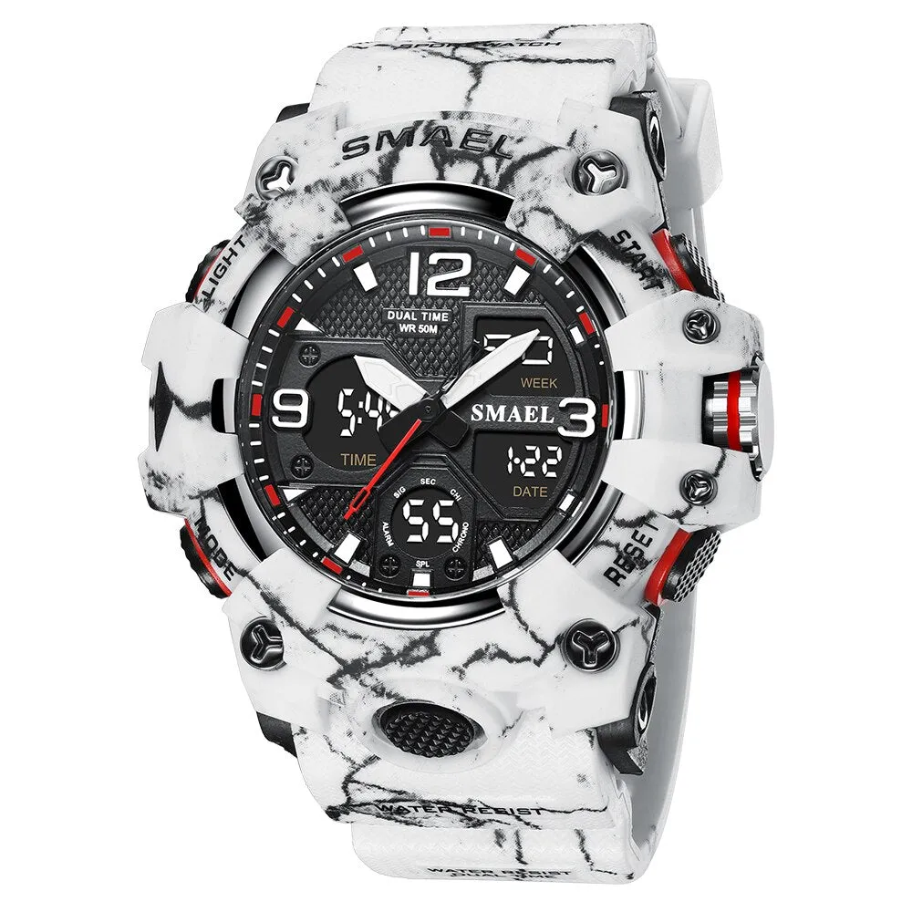 SMAEL Watch For Men Alarm Sport Stopwatch Camouflage Army Military Wristwatch Dual Time Display Digital Quartz Mens Watches 8008