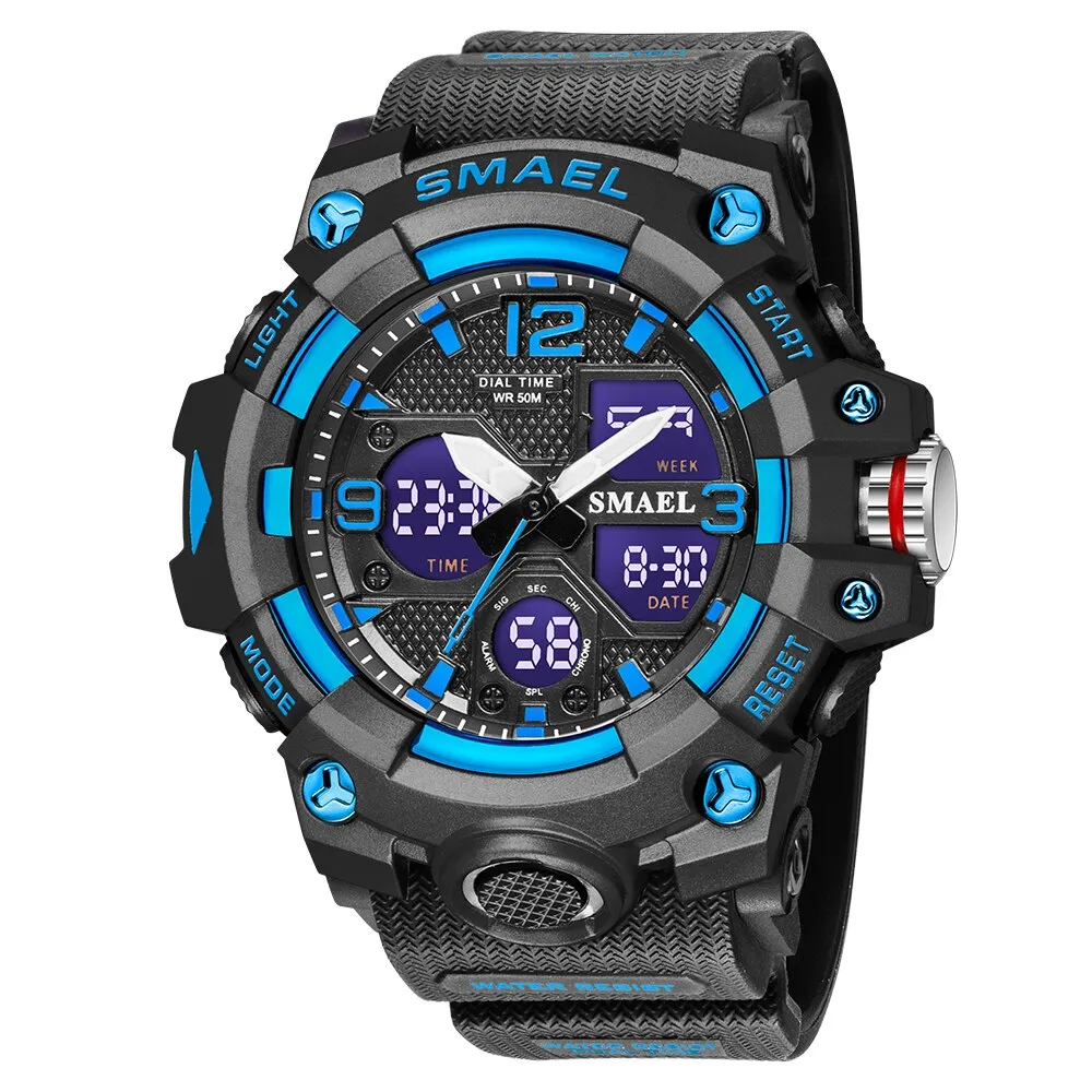 SMAEL Watch For Men Alarm Sport Stopwatch Camouflage Army Military Wristwatch Dual Time Display Digital Quartz Mens Watches 8008