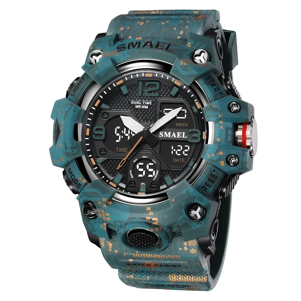 SMAEL Watch For Men Alarm Sport Stopwatch Camouflage Army Military Wristwatch Dual Time Display Digital Quartz Mens Watches 8008