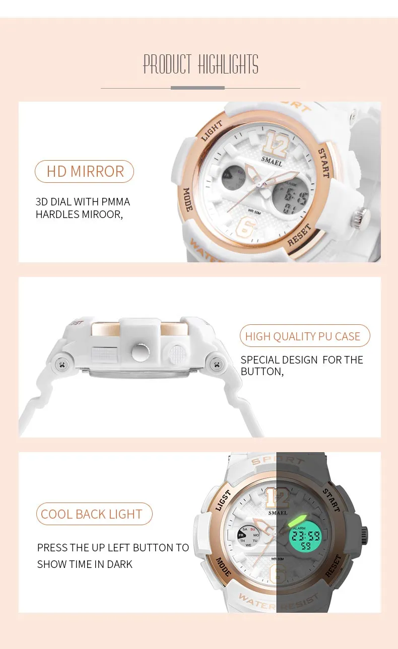 SMAEL White PU Watchband Women Dual Display Wristwatches Women Quartz Watch Lady Fashion Watches 30M Waterproof Relojes Mujer