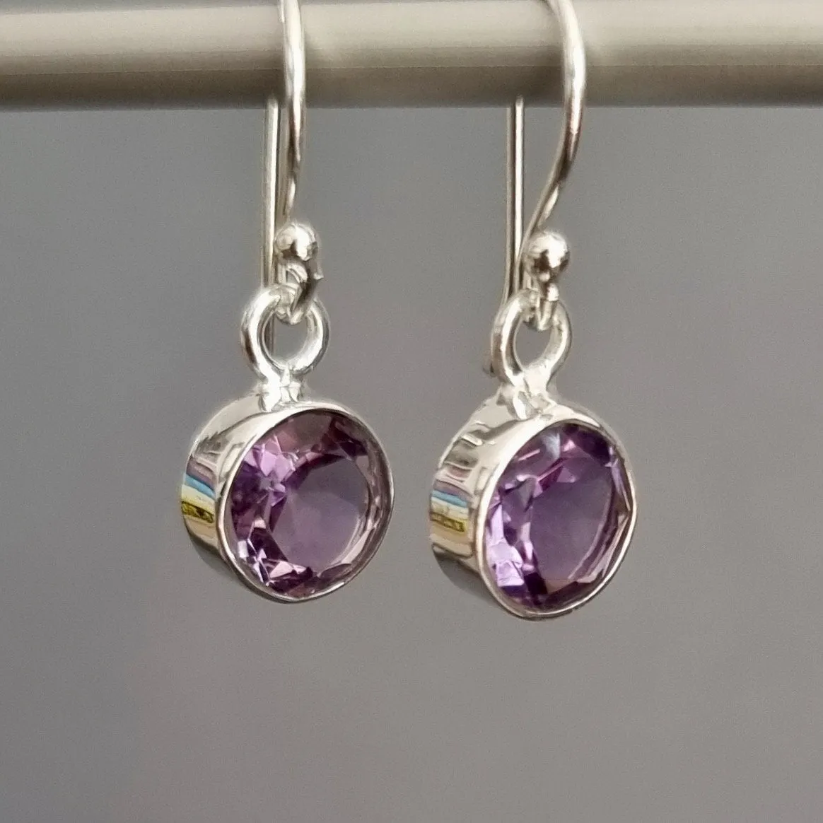 Small 8mm Round Facetted Amethyst 925 Silver Earrings, E13AF