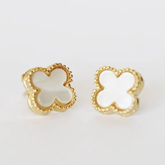 Small Gold Mother of Pearl Quatrefoil Stud Earrings
