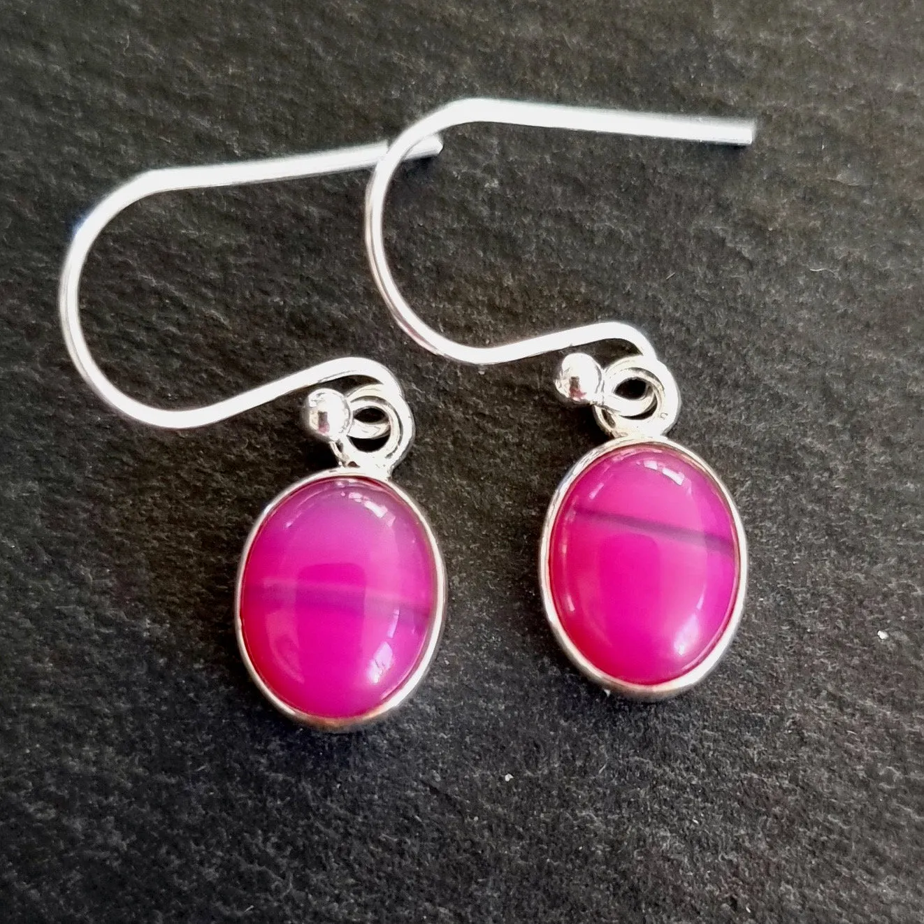 Small Oval HOT Pink Agate Silver Dangle Earrings, E7PAG
