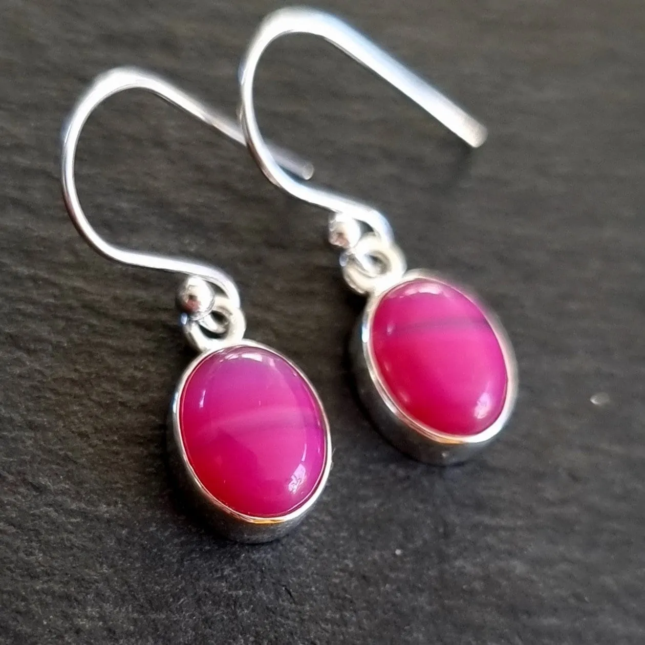 Small Oval HOT Pink Agate Silver Dangle Earrings, E7PAG