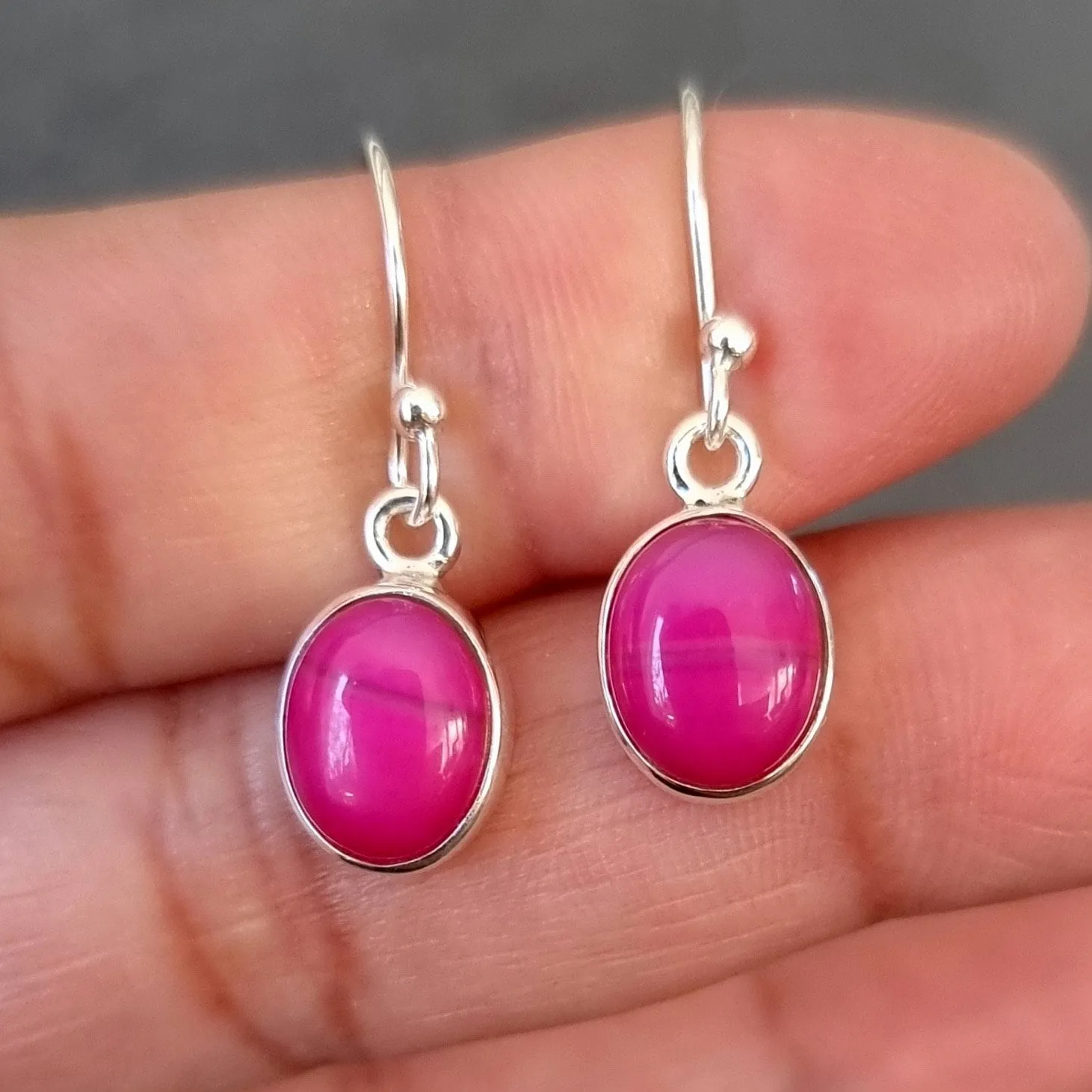 Small Oval HOT Pink Agate Silver Dangle Earrings, E7PAG