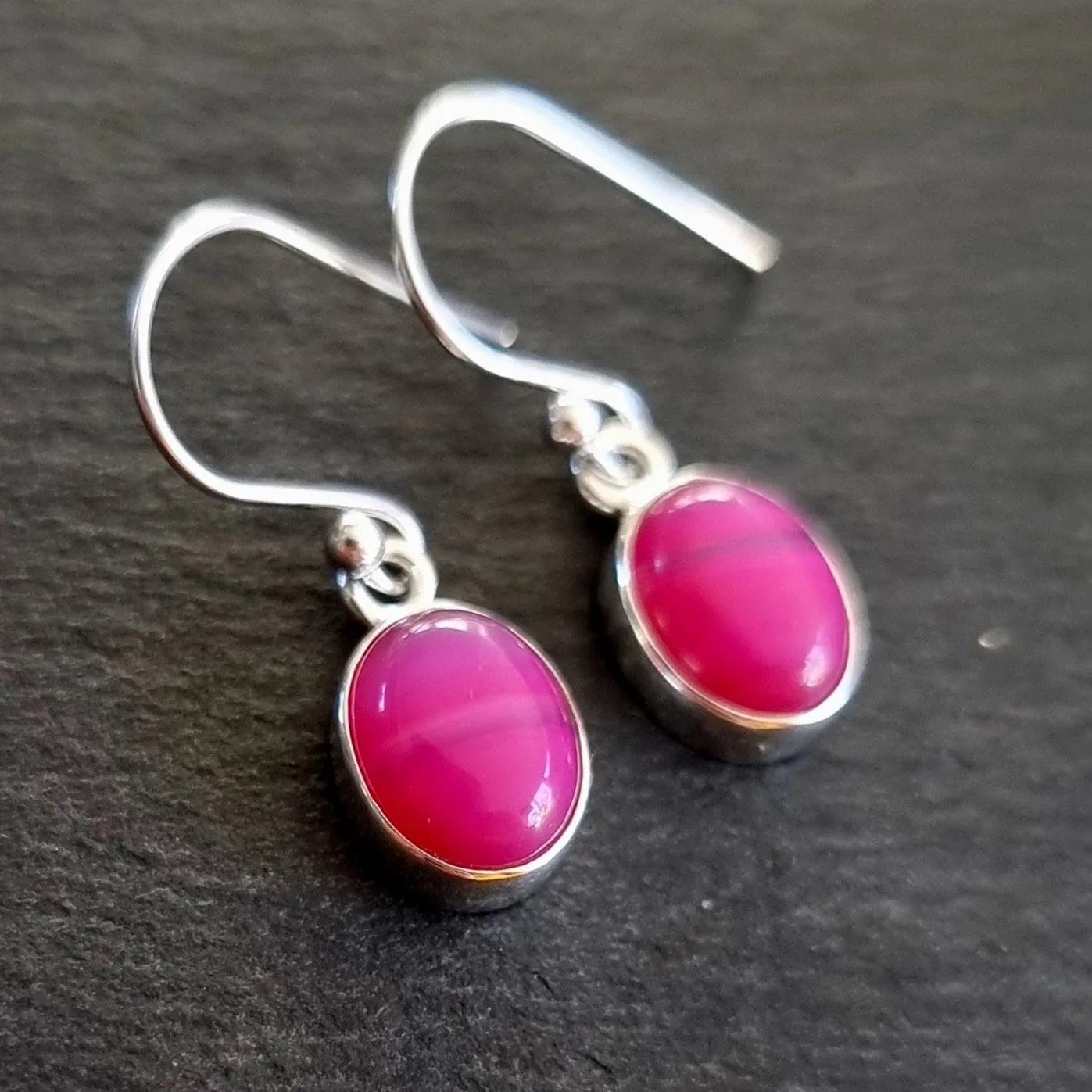 Small Oval HOT Pink Agate Silver Dangle Earrings, E7PAG