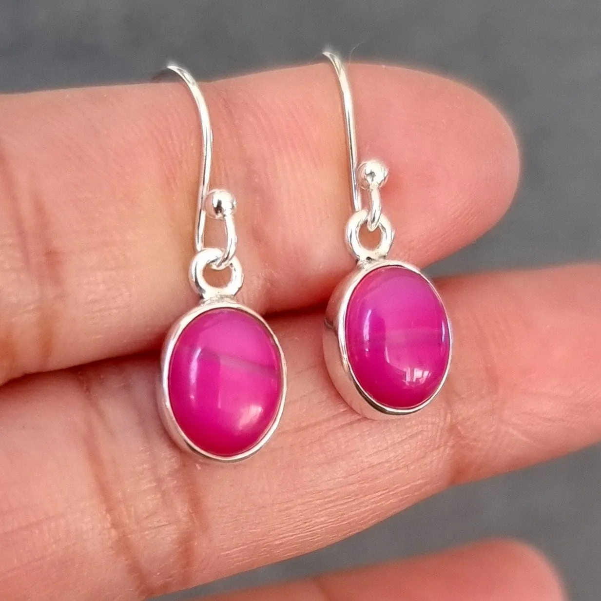 Small Oval HOT Pink Agate Silver Dangle Earrings, E7PAG