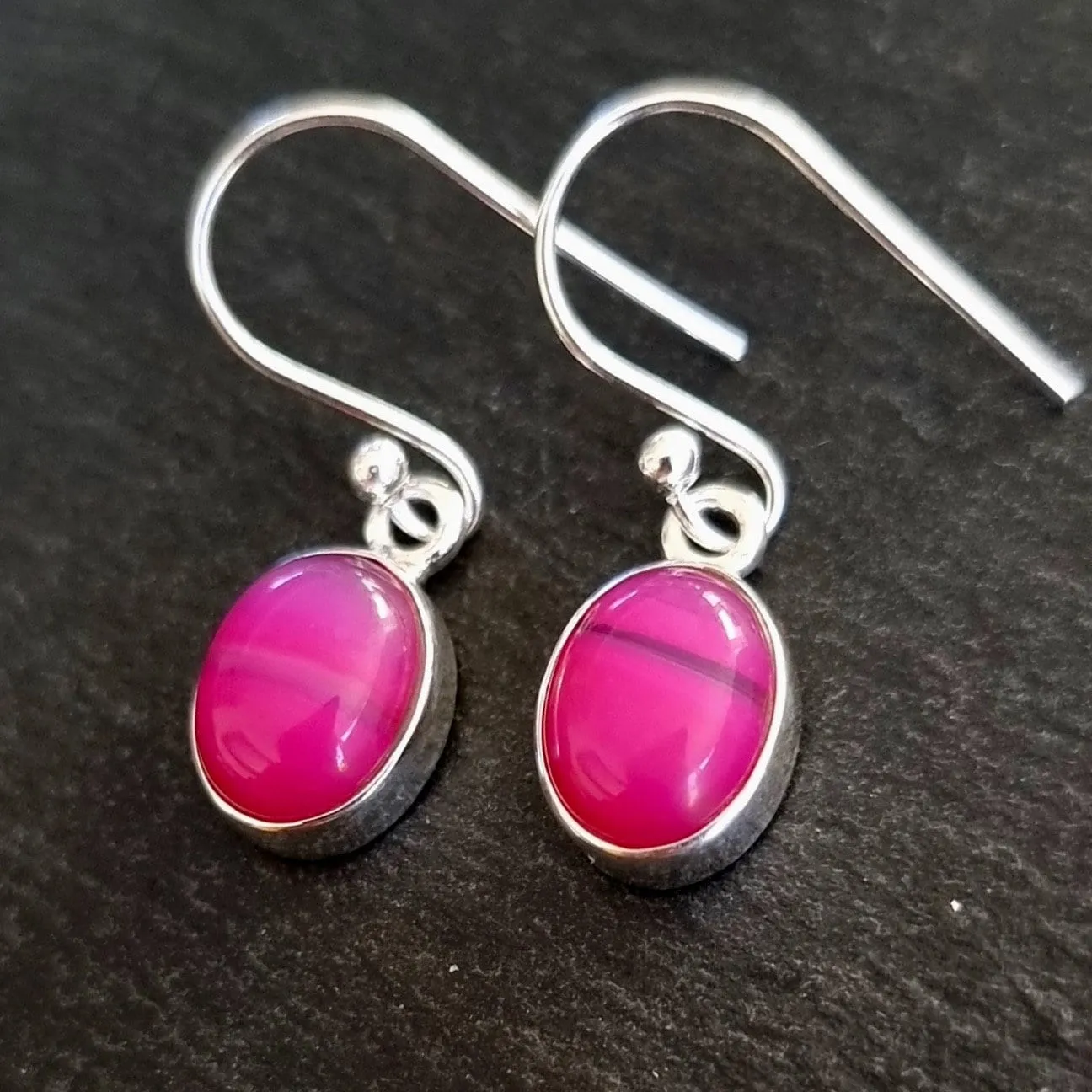 Small Oval HOT Pink Agate Silver Dangle Earrings, E7PAG