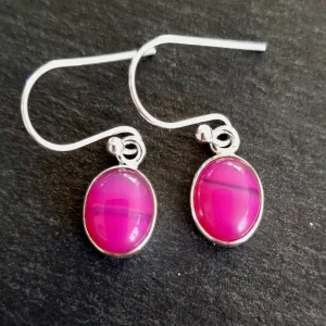 Small Oval HOT Pink Agate Silver Dangle Earrings, E7PAG