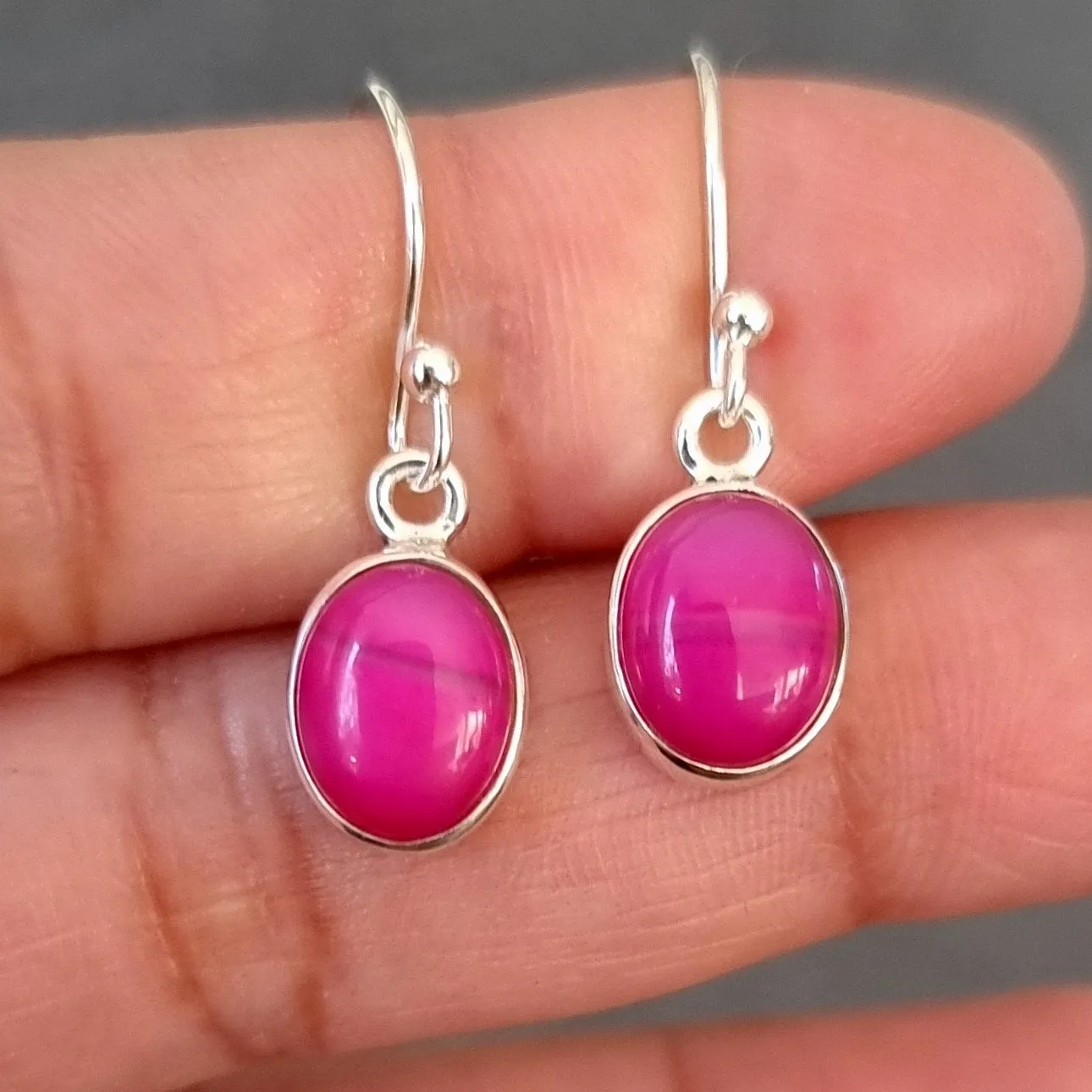 Small Oval HOT Pink Agate Silver Dangle Earrings, E7PAG