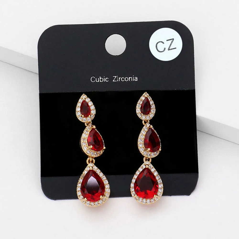 Small Red CZ Triple Drop Link Pageant Earrings  | Earrings for Little Girls | 545922