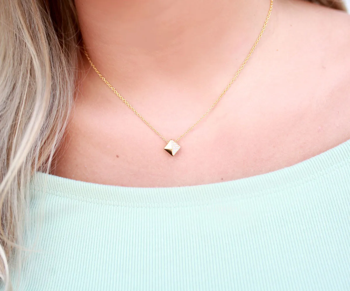 Small Square Pavé Crystal Gold Necklace