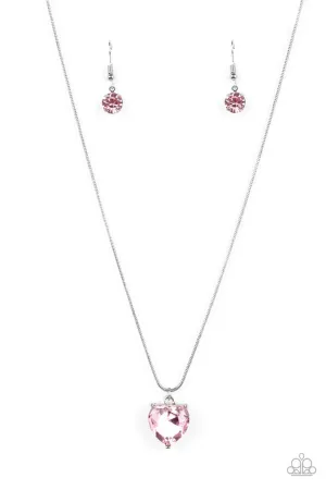 Smitten with Style - Pink - Heart Silver Snake Chain Paparazzi Short Necklace