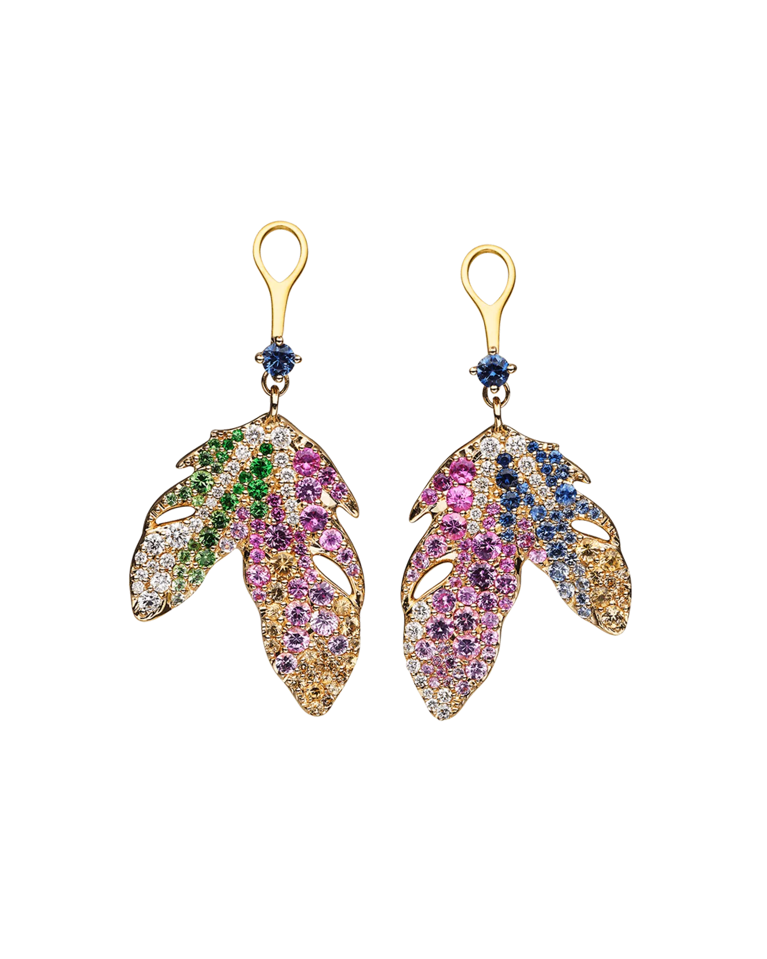 Song Bird Feather and Keshi Stud Earrings | 8mm Keshi Pearls, Sapphires, Diamonds, and Yellow Gold