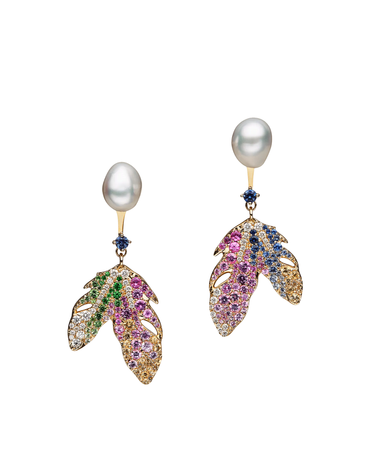 Song Bird Feather and Keshi Stud Earrings | 8mm Keshi Pearls, Sapphires, Diamonds, and Yellow Gold
