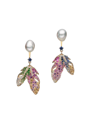 Song Bird Feather and Keshi Stud Earrings | 8mm Keshi Pearls, Sapphires, Diamonds, and Yellow Gold