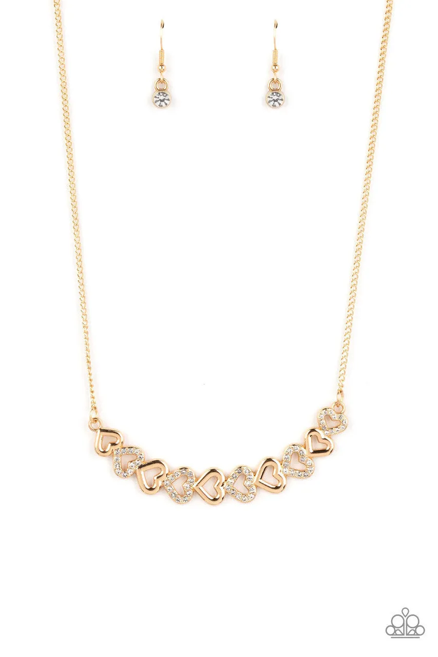 Sparkly Suitor - Gold - White Rhinestone Heart Paparazzi Short Necklace