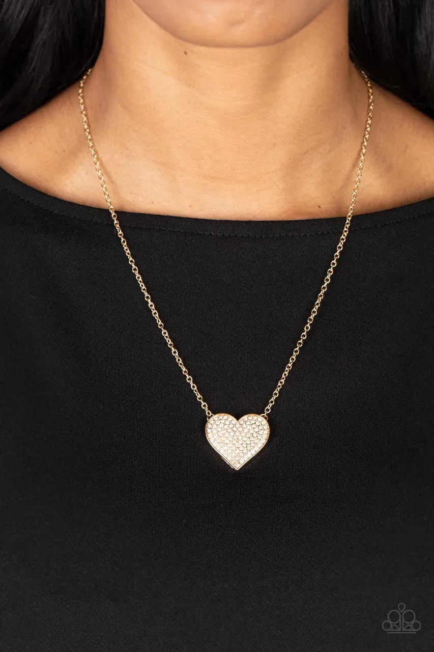 Spellbinding Sweetheart - Gold - White Rhinestone Heart Paparazzi Short Necklace