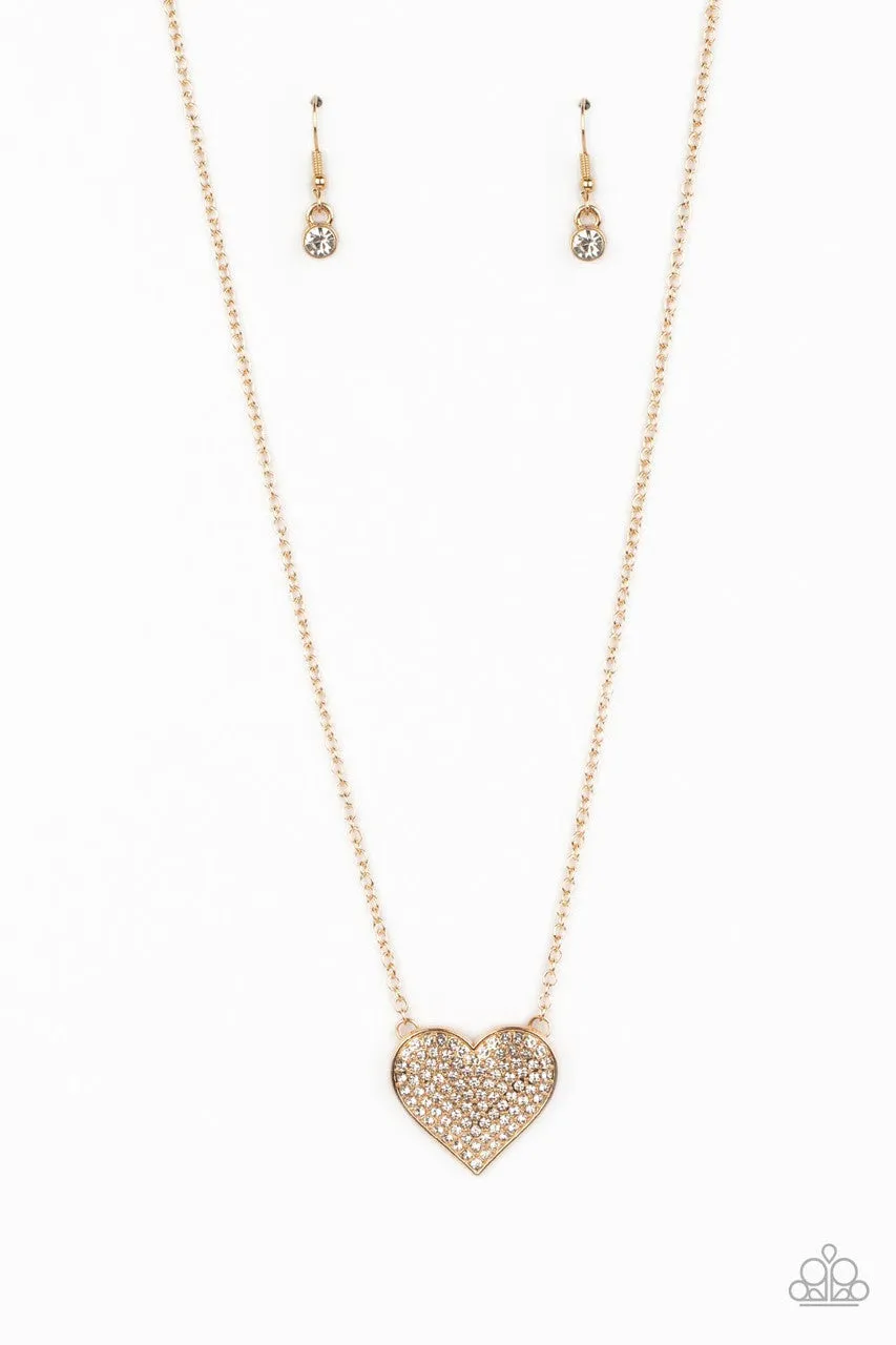 Spellbinding Sweetheart - Gold - White Rhinestone Heart Paparazzi Short Necklace