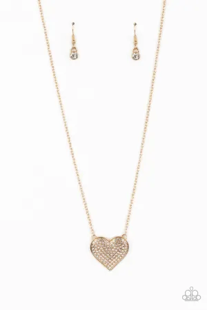 Spellbinding Sweetheart - Gold - White Rhinestone Heart Paparazzi Short Necklace
