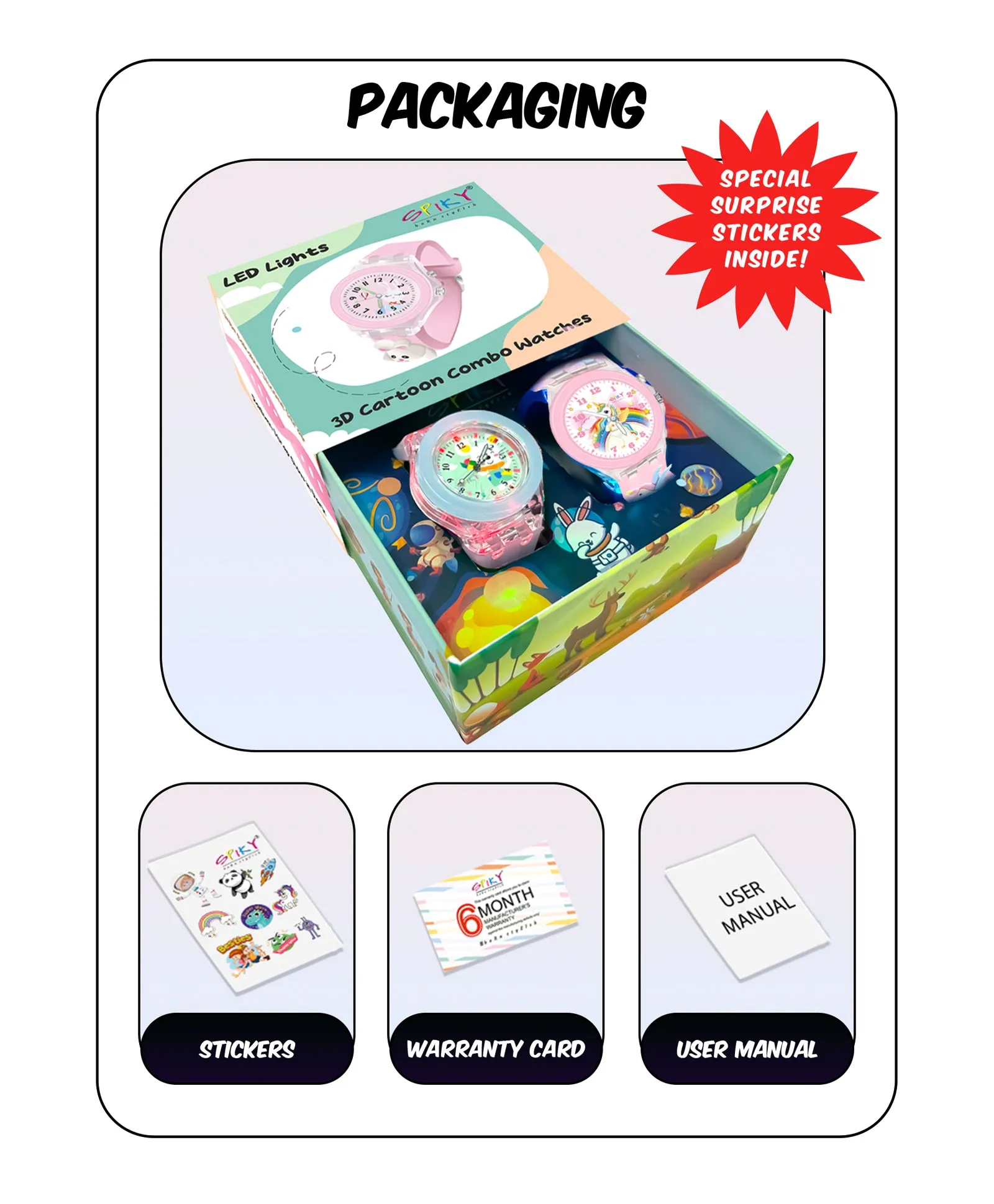 Spiky 3D Monkey & Rabbit Cartoon Analog Light Watch Combo